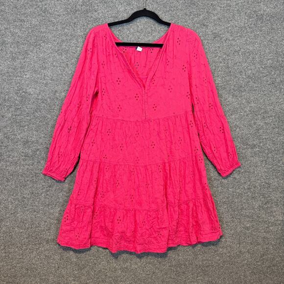 Old Navy Dress Womens Medium Pink Long‎ Sleeve Mini Tiered Bohemian Cottage Core - Picture 2 of 14
